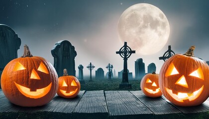 Wall Mural - happy halloween background spooky scene creepy dark night jack o lantern pumpkins and spooky graves on graveyard ghosts horror gothic evil cemetery landscape mysterious night moonlight backdrop