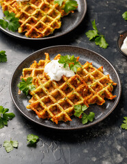 Wall Mural - Homemade zucchini waffles in a rustic plate. Healthy food.