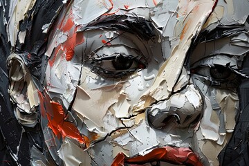 Poster - A close-up abstract painting of a human face featuring a prominent eye and red lip. Generative AI