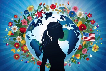 Stylized vector illustration of a woman's silhouette against a globe, surrounded by flags and flowers, symbolizing empowerment and international diplomacy.