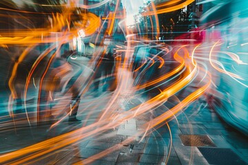 Poster - A long exposure photograph captures the city lights at night as they appear to be in motion through a window. Generative AI