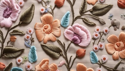 Wall Mural - embroidery floral seamless pattern on linen cloth texture