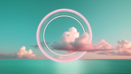 Wall Mural - aesthetic background with beautiful turquoise sky with pink clouds and circle light frame minimal creative concept of angel paradise