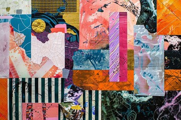 Poster - A vibrant abstract collage composed of various textured surfaces and bold colors. Generative AI