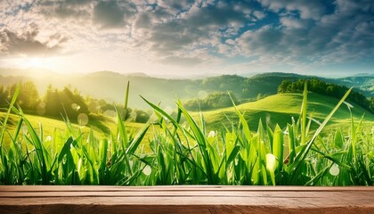 Wall Mural - green spring background panorama with grass in front of a wooden table for a concept