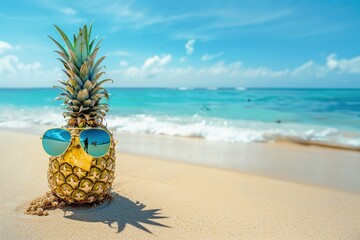 Poster - Summer concept funny Pineapple fruit with sunglasses on beach sand against turquoise caribbean sea water, blue ocean. Tropical summer vacation concept