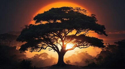 Wall Mural - sun behind dark tree and sunset in tropical forest