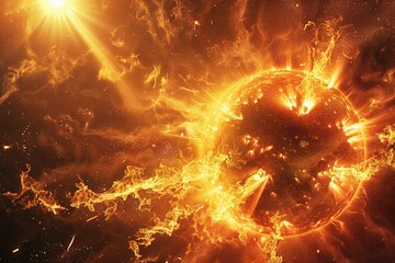 Wall Mural - Sun solar flare particles coronal mass ejections. Burning of sun, surface solar explosion, fire flame, magnetic storm