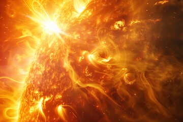 Sticker - Sun solar flare particles coronal mass ejections. Burning of sun, surface solar explosion, fire flame, magnetic storm