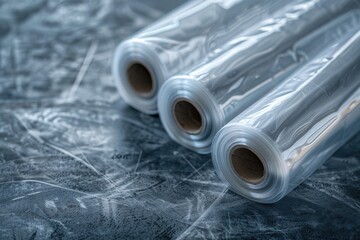 Poster - Two clear plastic rolls sitting on a table, suitable for use in product photography or as a prop in still life compositions