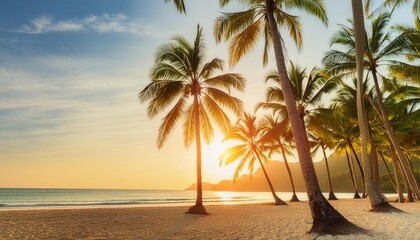Wall Mural - coco palms at sunset in tropical beach in paradise island summer vacation and tropical beach concept