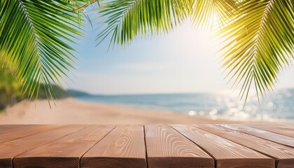 top of wood table with seascape and palm leaves blur bokeh light of calm sea and sky at tropical beach background empty ready for your product display montage summer vacation background concept