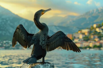 Poster - A large bird sits atop a wooden post, possibly in a garden or park