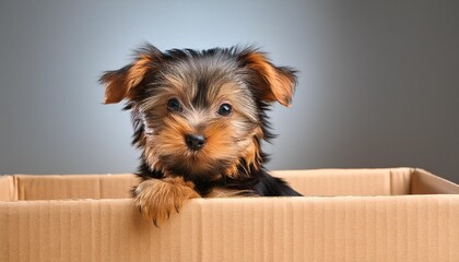 Wall Mural - cute yorkshire puppy coming out of the box