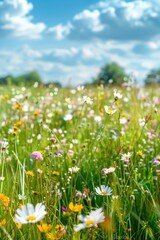 Poster - A beautiful field of colorful wildflowers with a clear blue sky in the background