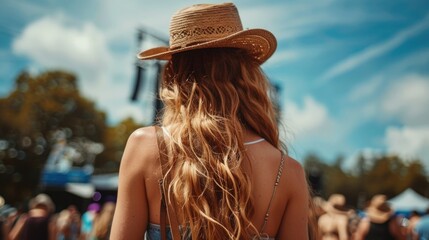 Poster - A woman with long hair wearing a straw hat, perfect for casual outdoor scenes or vintage-inspired photography