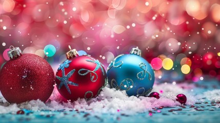 Three vibrant Christmas baubles, two red and one blue, adorned with glitter and ornaments, set against a snowy background with colorful bokeh lights, capturing a festive spirit.