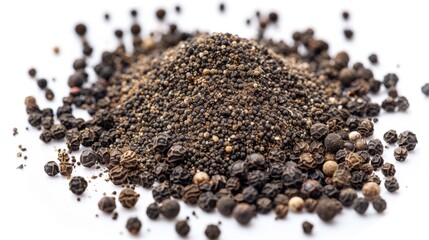 Poster - A close-up shot of a pile of black pepper on a white surface, perfect for food-related projects or packaging designs