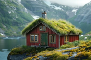 Aufkleber - A small, cozy house with a unique green roof, perfect for illustrations and designs