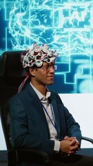 Poster - Vertical video Neuroscientist doing demonstration at AI convention gathering tech startups and academics, showing how to use EEG headset to link brain with artificial intelligence, camera A
