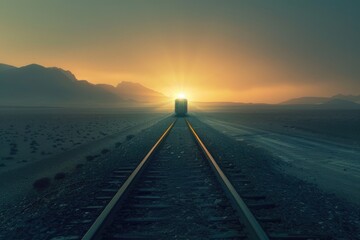 Aufkleber - A train travels along desert tracks, with cacti and sand dunes in the background