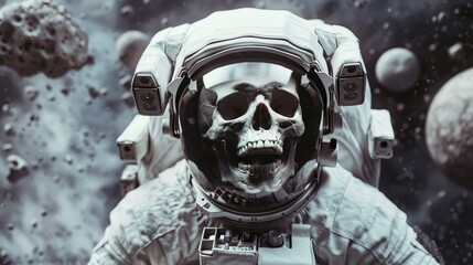 human skeleton skull in spacesuit astronaut flying in space wallpaper background