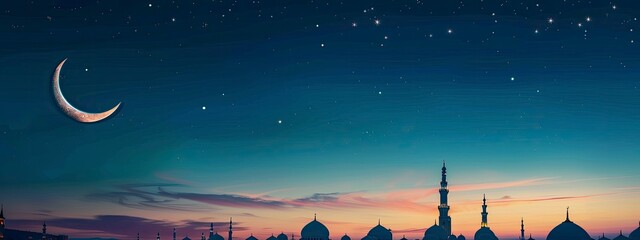 Mosques Dome on dark blue twilight sky and Crescent Moon on background Vertical, religion Ramadan and free space, Eid al-Adha, Eid al-fitr, New Years Muharram, copy space - generative ai