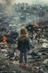 Aufkleber - A young girl perched atop a pile of debris, possibly after a natural disaster or urban destruction