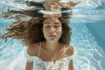 Poster - A woman wearing a white dress is underwater