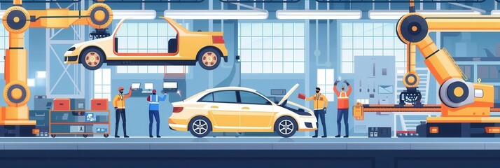 Aufkleber - A dynamic illustration depicting a modern automotive assembly line featuring robots and workers collaborating to produce cars. Generative AI