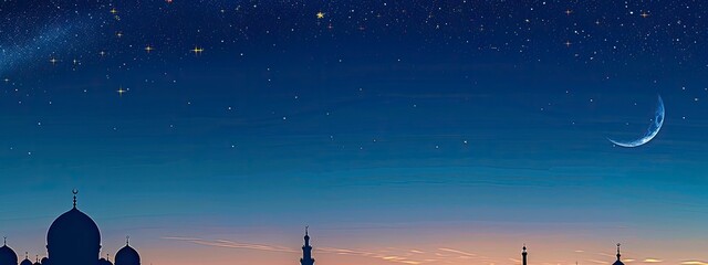 Mosques Dome on dark blue twilight sky and Crescent Moon on background Vertical, religion Ramadan and free space, Eid al-Adha, Eid al-fitr, New Years Muharram, copy space - generative ai