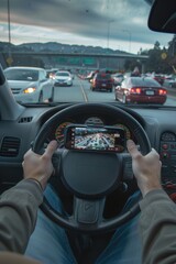 Poster - A person driving a car while using their mobile phone, one informative phrase about what pictured on image and a one phrase with a short advice of where may be used this picture