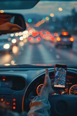 Poster - A driver is focused on their mobile device while driving a car, showing distracted driving habits