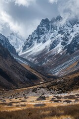 Poster - A mountain range with snow and brown grass