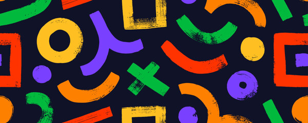 Aufkleber - Colorful abstract seamless pattern with bold brush drawn geometric shapes and curved lines. Abstract trendy vector banner. Grunge childish style bright colored brush strokes and figures.