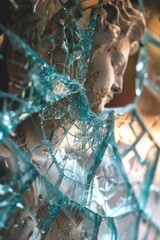 Poster - A cracked glass window with a statue standing behind it, possibly in an abandoned or old building