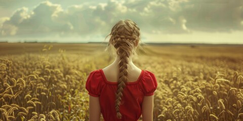 Poster - A young woman in a bright red dress stands in a golden wheat field, surrounded by tall stalks of grain