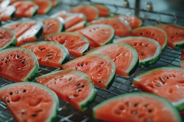Poster - Fresh watermelon slices arranged neatly on a rack, perfect for serving or displaying