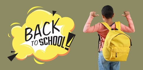 Wall Mural - Little African-American boy with backpack on color background. Back to school