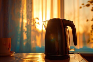 Poster - A coffee pot sits next to a cup on a table, perfect for a morning pick-me-up or afternoon break