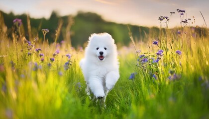 a white samoyed puppy running majestically through long grass and wildflowers cute white fluffy dog with long fur in the park countryside meadow or field beautiful eyes design space