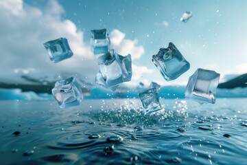 Canvas Print - A bunch of ice cubes floating on the surface of the water, creating a visually interesting scene