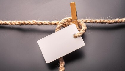 empty white stylish plastic card on rope tag for price of product or brand name on minimalistic black background concept of shopping sales and discounts