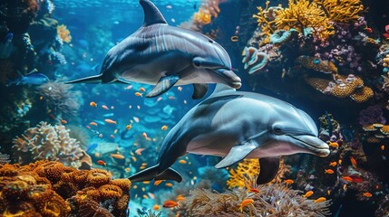 Wall Mural - Two Dolphins Gliding Through Coral Reef with Fish and Sea Plants: An Underwater Perspective