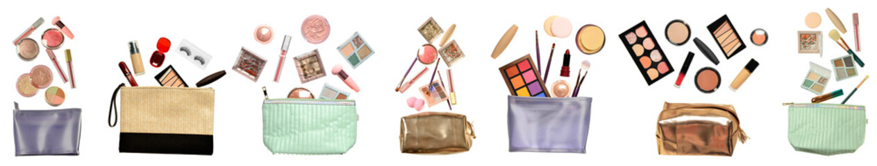 Wall Mural - Set of flying makeup cosmetics and accessories with bags on white background