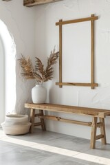 Poster - A simple yet elegant scene featuring a wooden bench accompanied by a white vase, perfect for use in home decor or interior design projects