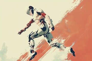 Poster - A minimalist illustration of a white exoskeleton running across a white and orange abstract background. Generative AI