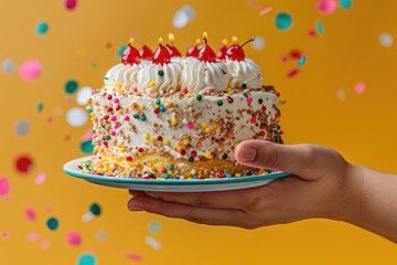 Canvas Print - A person holds a decorated cake with white frosting and colorful sprinkles, perfect for celebrations or special occasions