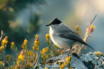 Canvas Print - A small bird perched on the edge of a rock, looking out at the surroundings