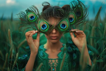 Poster - A woman holds a pair of colorful peacock feathers, perfect for a creative project or decorative use